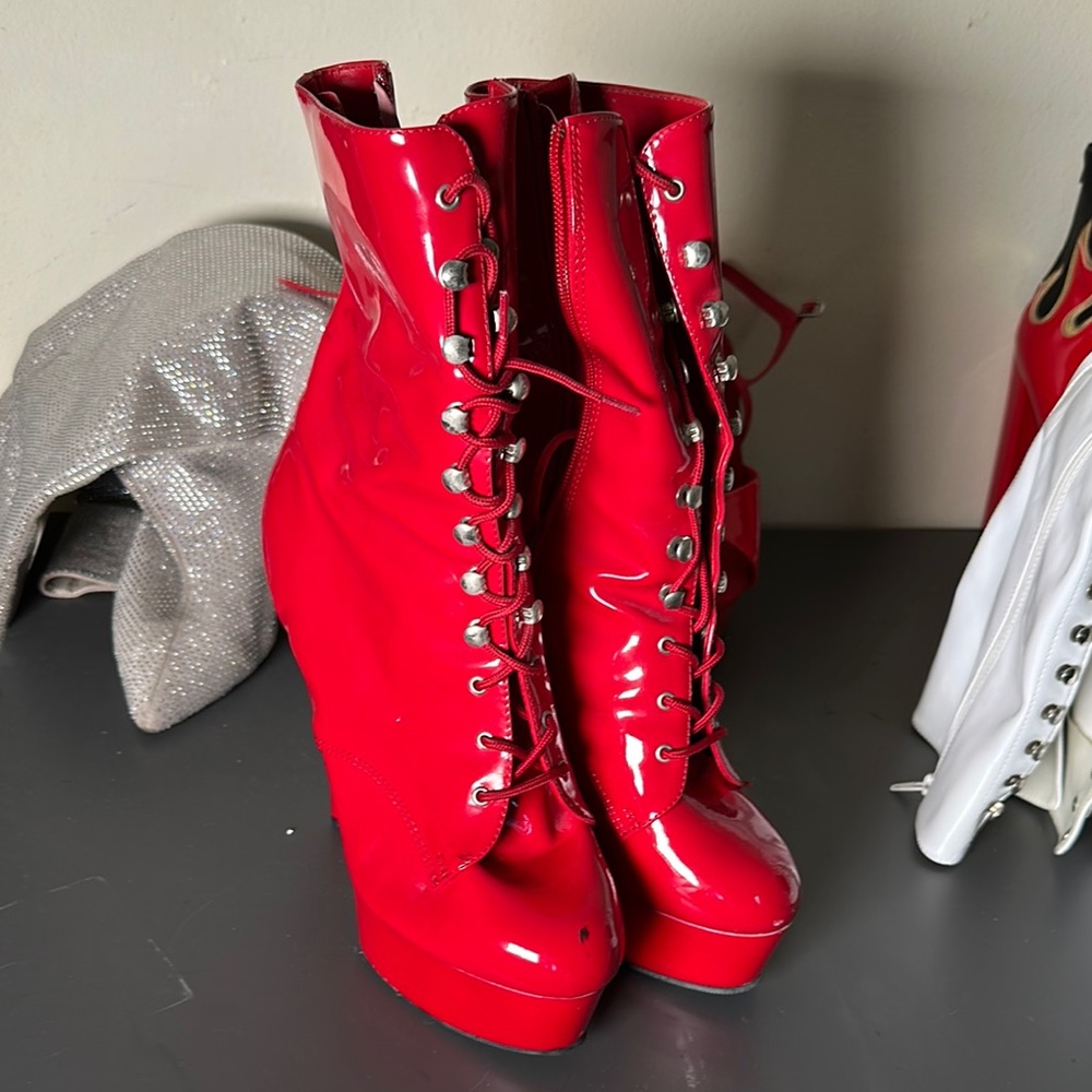 Pleaser Red Heels with High Stiletto and Lace-Up Design